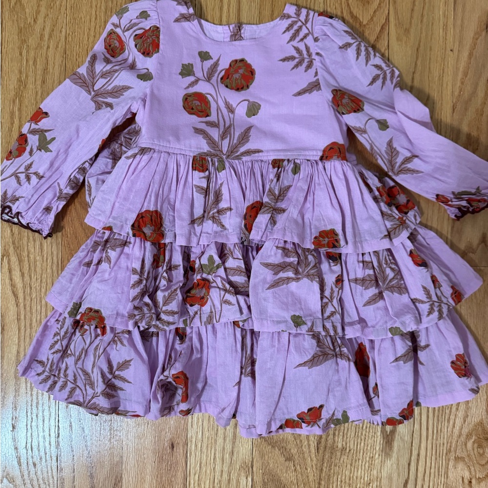 Pink Chicken Lavender Floral Tiered Ruffle Dress with Red Poppies
